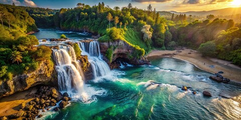 Aerial View: Waterfall Cascading to Sandy Beach