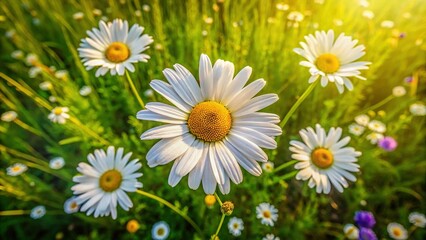 Obraz premium Aerial View of Four Daisies in a Field - Summer Meadow Flowers