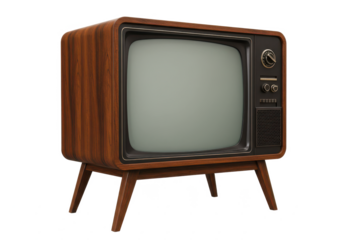 A retro television with a wooden frame, angled legs, and a rounded screen, isolated on a white background