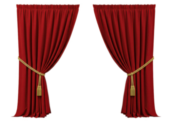 A pair of luxurious red curtains tied back symmetrically, revealing a blank white space in the center, isolated on a white background