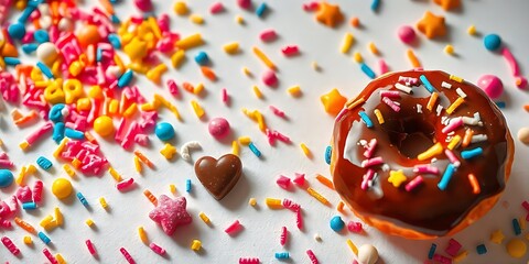 Seamless pattern with colorful sprinkles. Glaze for donut, ice cream or muffins with brown and falling chocolate heart, star and decorative candies. 