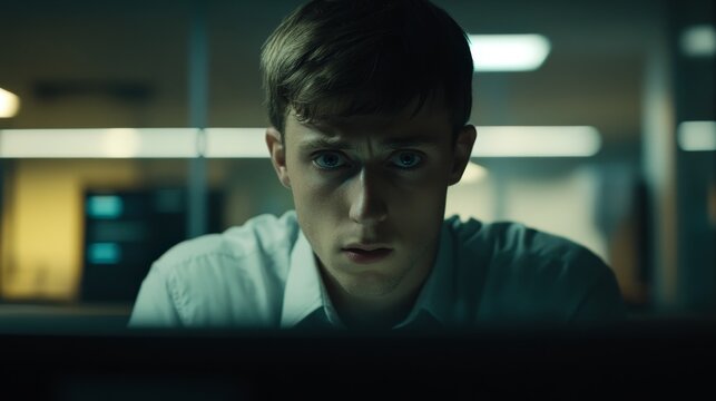 A focused young man intently staring at a computer screen in a dimly lit office.