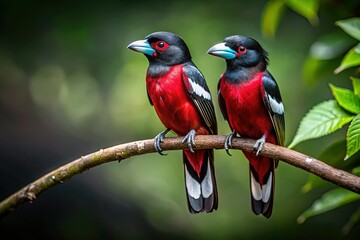Obraz premium Black-and-Red-Broadbill Couple Mating, Thailand Night Wildlife Photography
