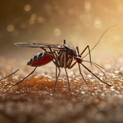 A highly detailed macro photograph of a mosquito (Aedes species) feeding on human skin, with vibrant bokeh lighting in the background,highlights the intricate anatomy of the mosquito,Generative Ai