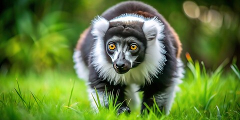 Obraz premium Black and White Ruffed Lemur Foraging on Grass - Wildlife Stock Photo