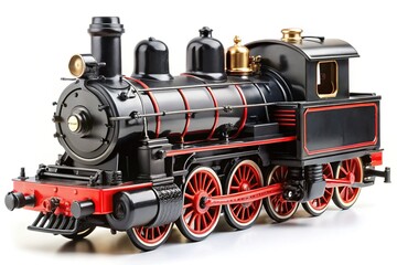 Naklejka premium Black Toy Train Locomotive Isolated on White Background - Stock Photo