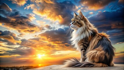 Calico Norwegian Forest Cat Silhouette, Dreamy Sky, Space for Text