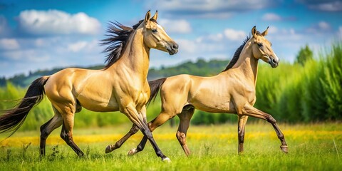 Obraz premium Buckskin and Dun Akhal-Teke Horses Grazing in Sunny Paddock