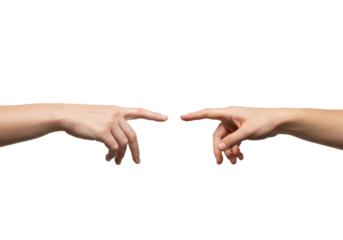 Two human hands reaching out to each other, with index fingers almost touching, isolated on a white background
