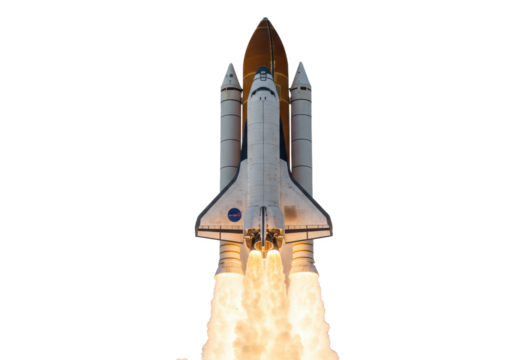 A space shuttle launching with fiery thrust from its engines, isolated on a white background