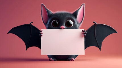A cute cartoon bat holding a blank sign against a colorful background.