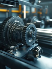 Fototapeta premium Close-up of intricate gears showcased in a modern factory environment, highlighting the precision of industrial machinery involved in manufacturing processes