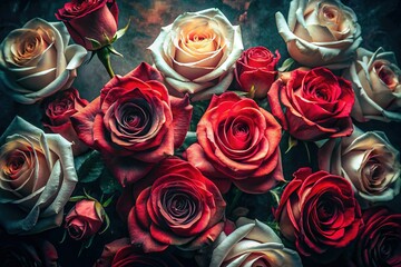 Dark Floral Background Double Exposure: Red and White Roses - Stock Photo