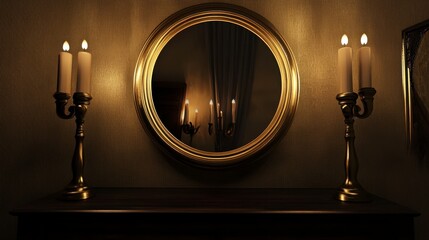 Golden Mirror and Candle Holders in a Dark Room