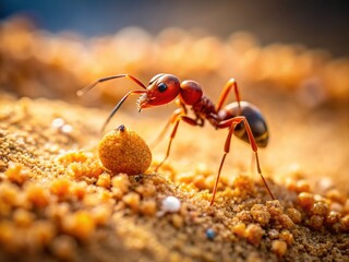 Determined Ant Lifting Heavy Rock: Close-Up Stock Photo