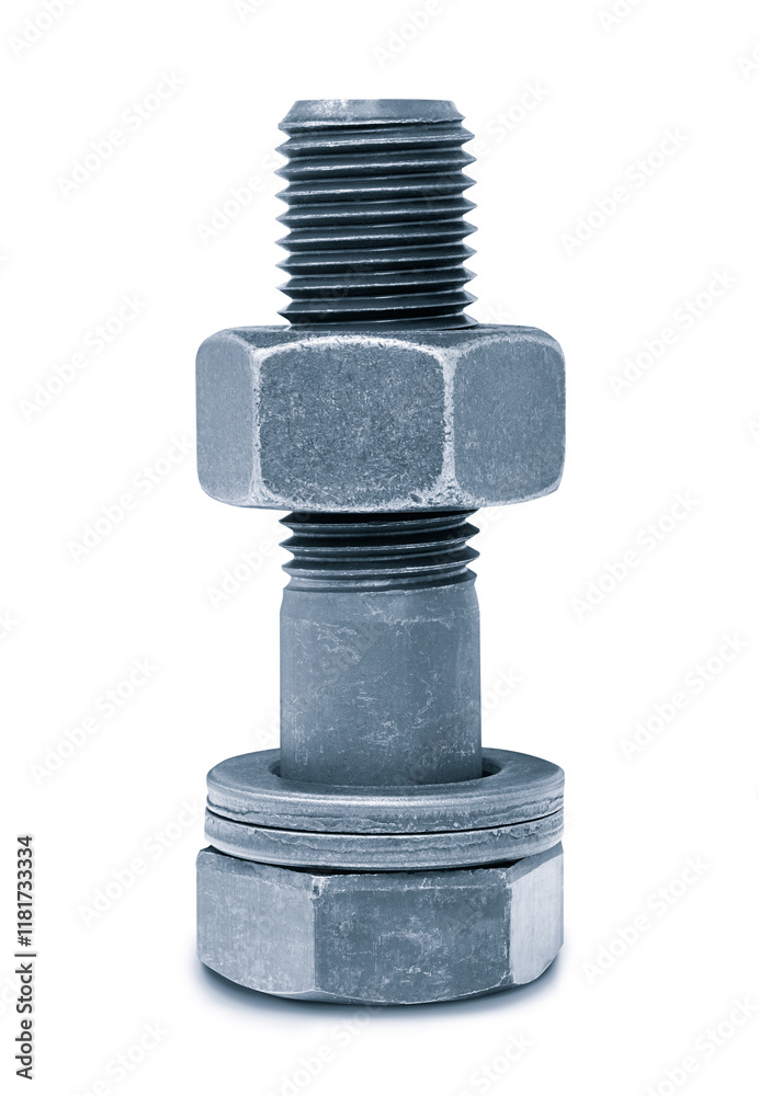 Poster big power bolt assembly with a washer and a nut stands on a head isolated on a white background