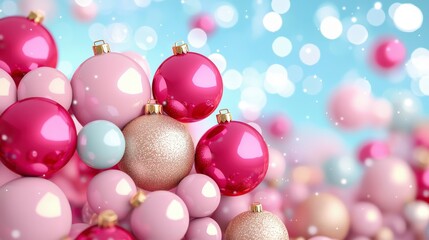 Colorful Christmas Ornaments on Blue Background with Soft Bokeh Effect and Sparkling Glitter Details