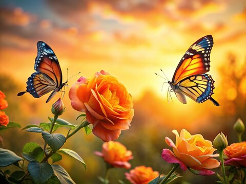 Dreamy Garden: Silhouette of Two Butterflies Near Orange Roses