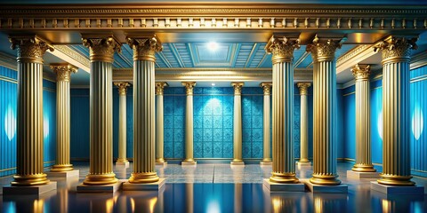 Elegant Gold & Blue Columns Stage Background - Event, Ceremony, Award, Presentation Stock Photo