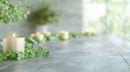 A serene arrangement of golden candles surrounded by clover leaves on a wooden surface, creating a tranquil and natural ambiance. Perfect for spa, relaxation, or eco-themed designs. Selective focus