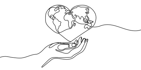 Human hand holding Earth globe continuous line art drawing. Save of Planet linear concept. Vector illustration isolated on white.