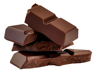 Chocolate pieces isolated on white. Broken Chocolate bar  in a stack. Luxury dark chocolate close up