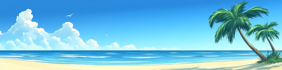 Obraz premium A serene beach scene with palm trees, ocean waves, and a clear blue sky.