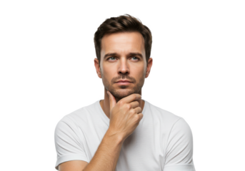 A thoughtful man in a white t-shirt, resting his chin on one hand, isolated on a white background