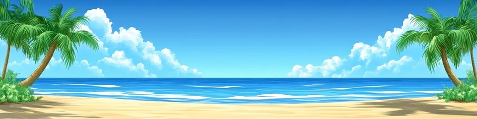 Obraz premium A serene beach scene with palm trees, ocean, and a clear blue sky, ideal for relaxation.