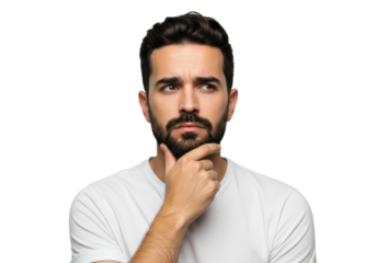A thoughtful man in a white t-shirt, resting his chin on one hand, isolated on a white background