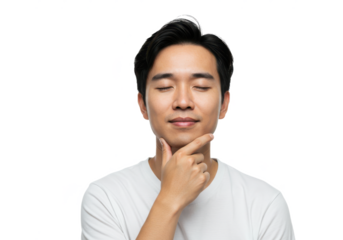 A thoughtful man in a white t-shirt, resting his chin on one hand, isolated on a white background