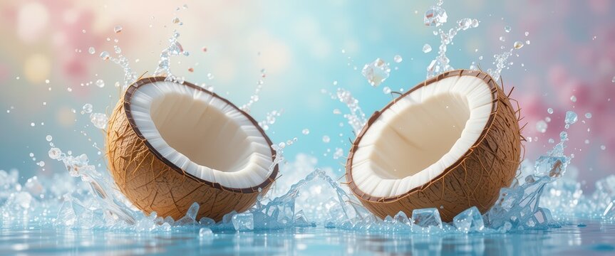 Coconut half with a splash of water and ice, pastel blurred background. Falling fruits concept for restaurants and bars menu - Powered by Adobe
