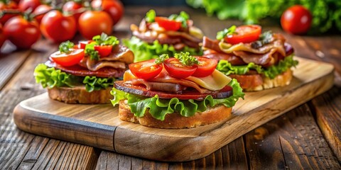 Gourmet Bacon Lettuce Tomato (BLT) Appetizers on Rustic Wooden Board