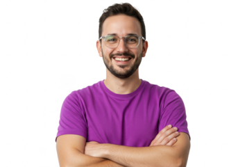 A smiling man wearing a purple shirt and glasses, crossing his arms, isolated on white background