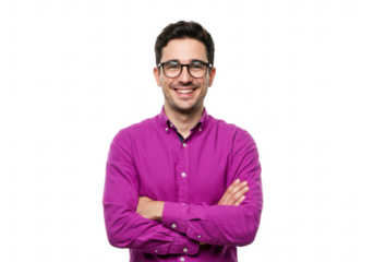 A smiling man wearing a purple shirt and glasses, crossing his arms, isolated on white background