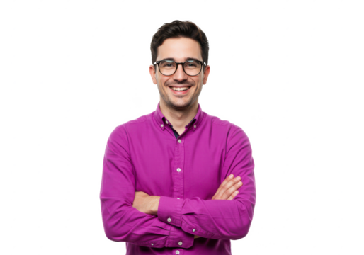 A smiling man wearing a purple shirt and glasses, crossing his arms, isolated on white background