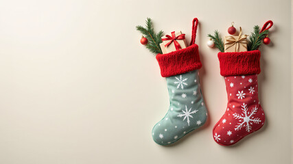 Two vibrant Christmas stockings, one green and one red, adorned with snowflakes and gifts.