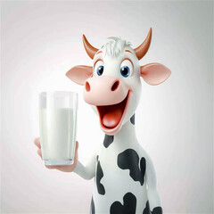 A cartoon cute, cheerful, and smiling cow holding a glass of fresh milk isolated on a white background. Generative AI