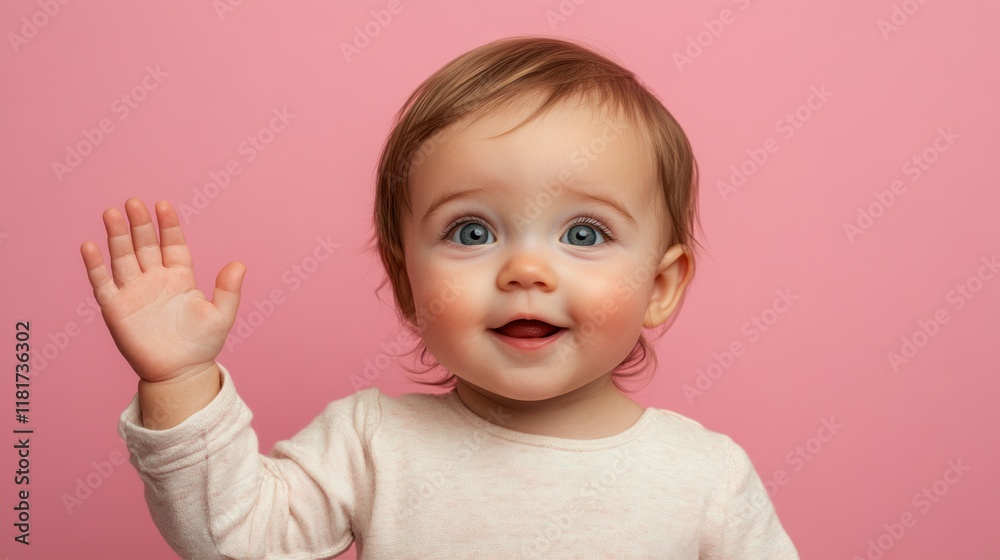 Fototapete delightful little princess with sparkling eyes shows an adorable surprised expression while gesturin