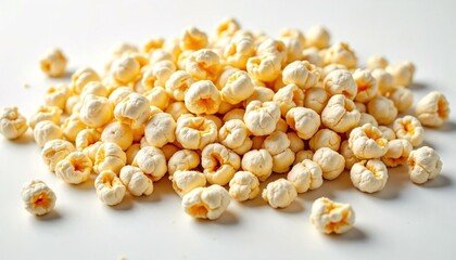 Detailed illustration of popped corn kernels scattered on a white surface