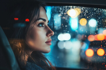 A young woman riding in taxi car on a busy street ai generative technology