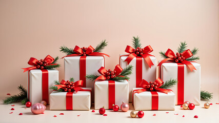 Beautifully wrapped gifts in red and white with festive decorations for any celebration.