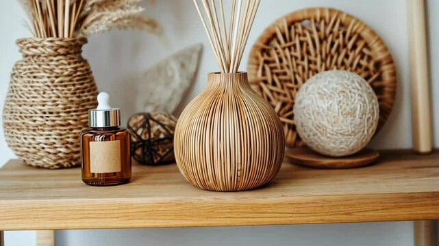 Elegant display of natural decor elements on wooden shelf featuring woven accessories and aromatic diffuser