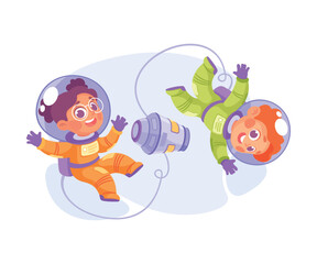 Boy and Girl Astronaut Character in Outer Space Exploring Universe Vector Illustration