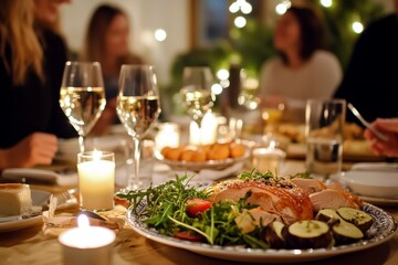 Elegant Dinner Table Setting with Gourmet Dish Surrounded by Friends, Warm Ambience, and Soft Candlelight Perfect for Holiday Gatherings or Family Celebrations