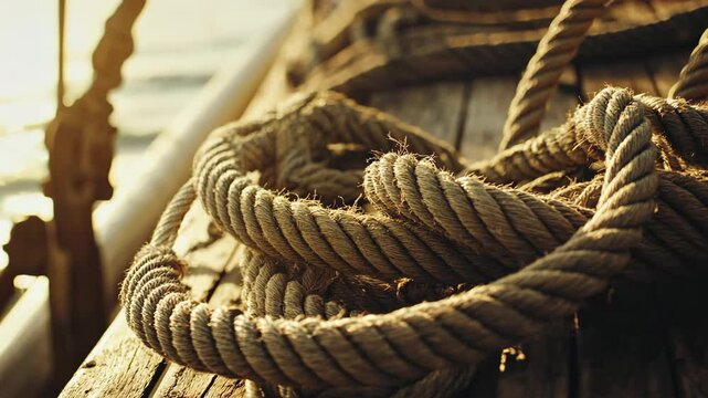Rope coiled on a wooden deck during sunset by the calm sea