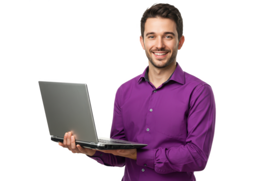 A smiling man in a purple shirt holding a laptop, isolated on white background - Powered by Adobe