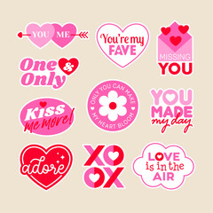 Set of cute pink stickers for valentine’s day. Love concept quotes with typography design.	