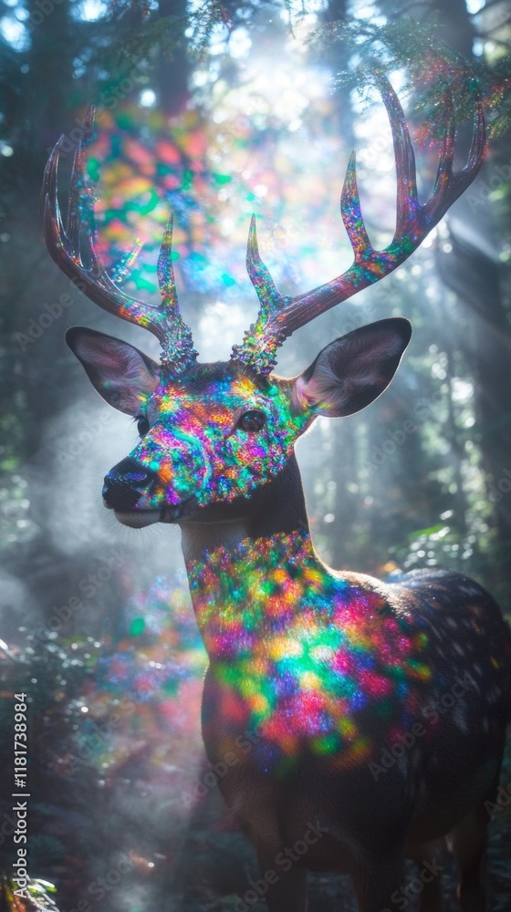 Poster a stunning deer stands gracefully in a mystical forest, its crystal antlers reflecting an array of c