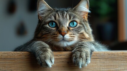 Obraz premium A striking close-up of an attentive cat with captivating blue eyes resting on a rustic wooden surface in a cozy interior setting